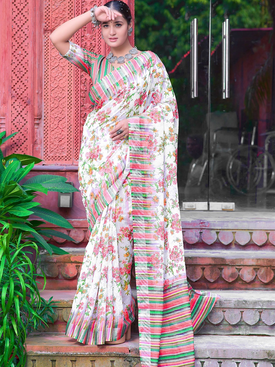 

Sidhidata Floral Block Print Saree, Pink