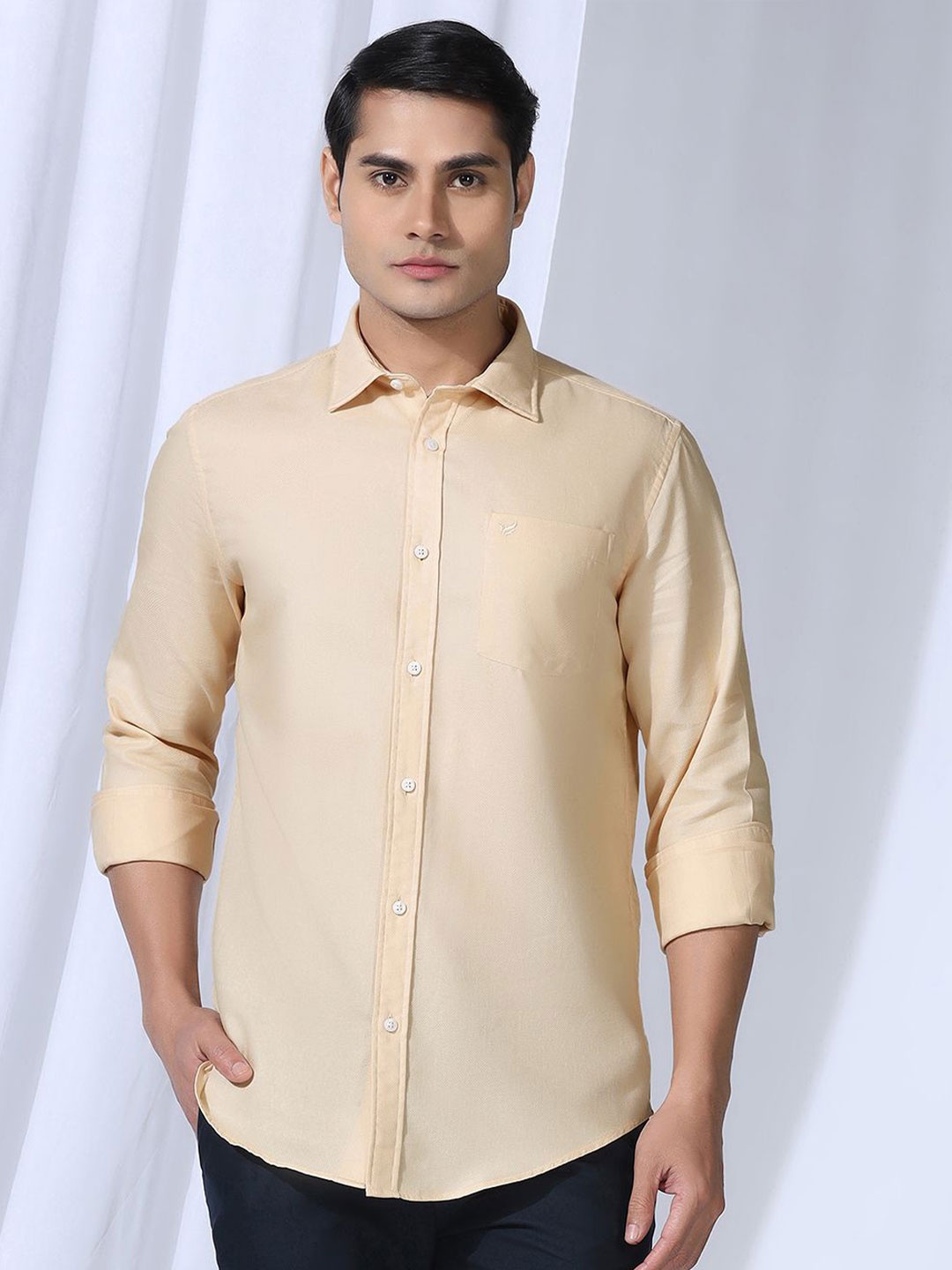 

Blackberrys Men India Slim Fit Spread Collar Textured Cotton Casual Shirt, Beige