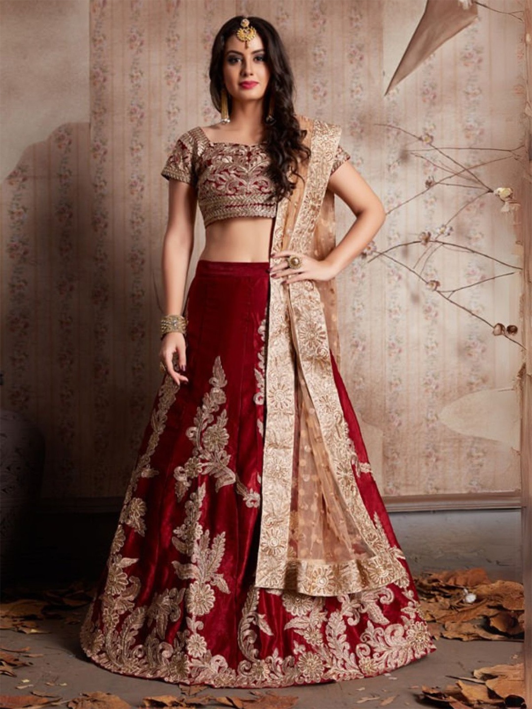 

ODETTE Embroidered Thread Work Semi-Stitched Lehenga & Unstitched Blouse With Dupatta, Maroon