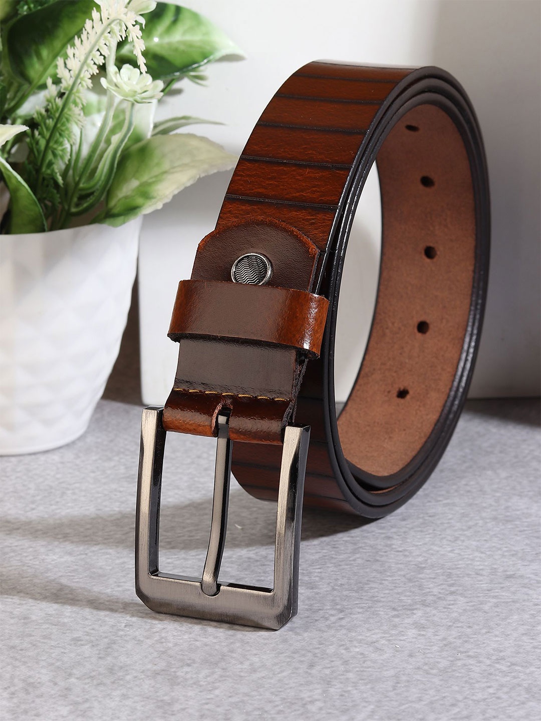 

Provogue Men Striped Leather Formal Belt, Tan