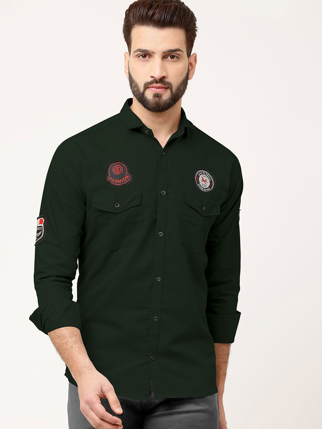 

WOXEN Men Original Fit Spread Collar Solid Cotton Casual Shirt, Green