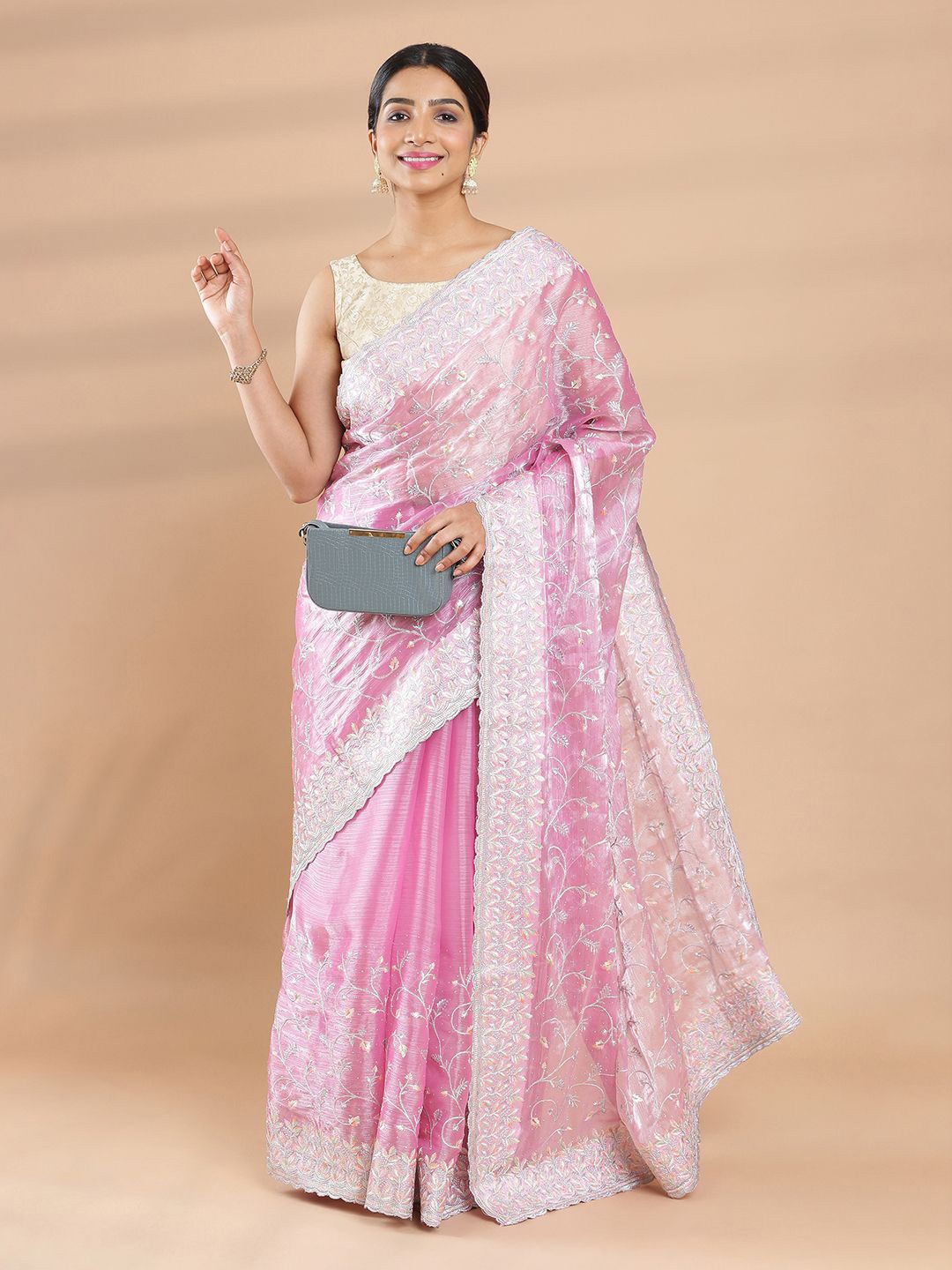 

Kalyan Silks Embellished Beads and Stones Organza Saree, Lavender