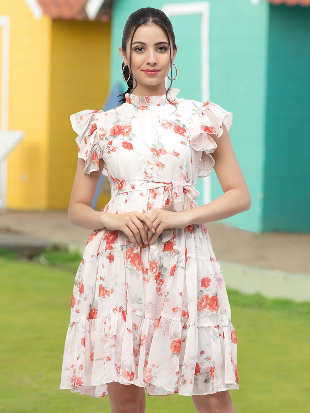 

MISS AYSE Floral Print Applique Fit & Flare Dress, Orange