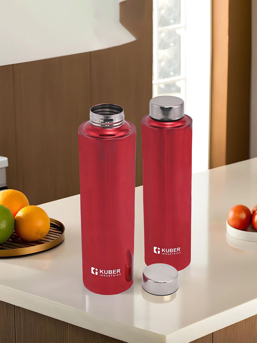 

Kuber Industries Red 2 Pieces Stainless Steel Leakproof Water Bottle 1L each