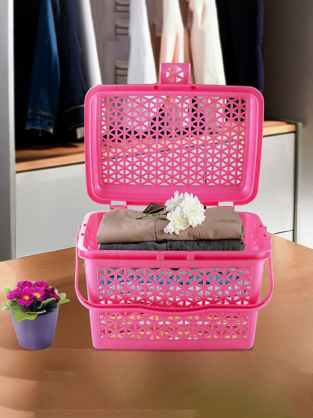 

Kuber Industries Pink 3 Pieces Checked Multipurpose Tote Basket with Lid & Handle