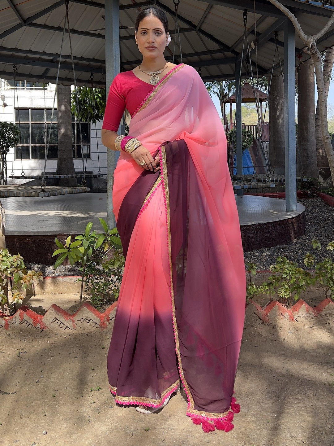

APNISHA Ombre Embroidered Pure Georgette Ready to Wear Saree, Pink