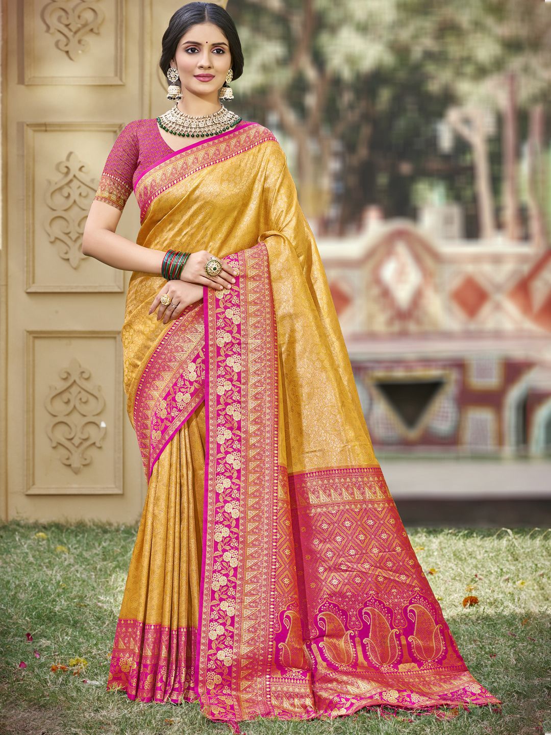 

SANGAM PRINTS Floral Zari Banarasi Saree, Yellow