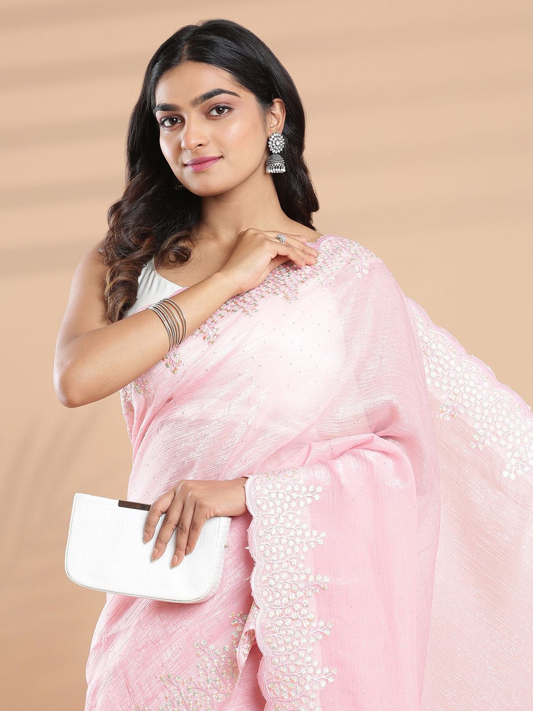 

Kalyan Silks Embellished Beads and Stones Organza Saree, Pink