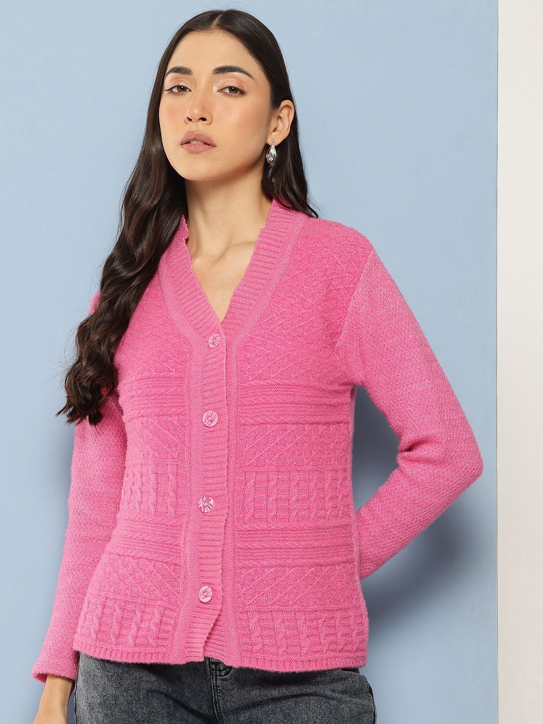 

The Roadster Lifestyle Co Women V-Neck Cardigan Sweaters, Pink