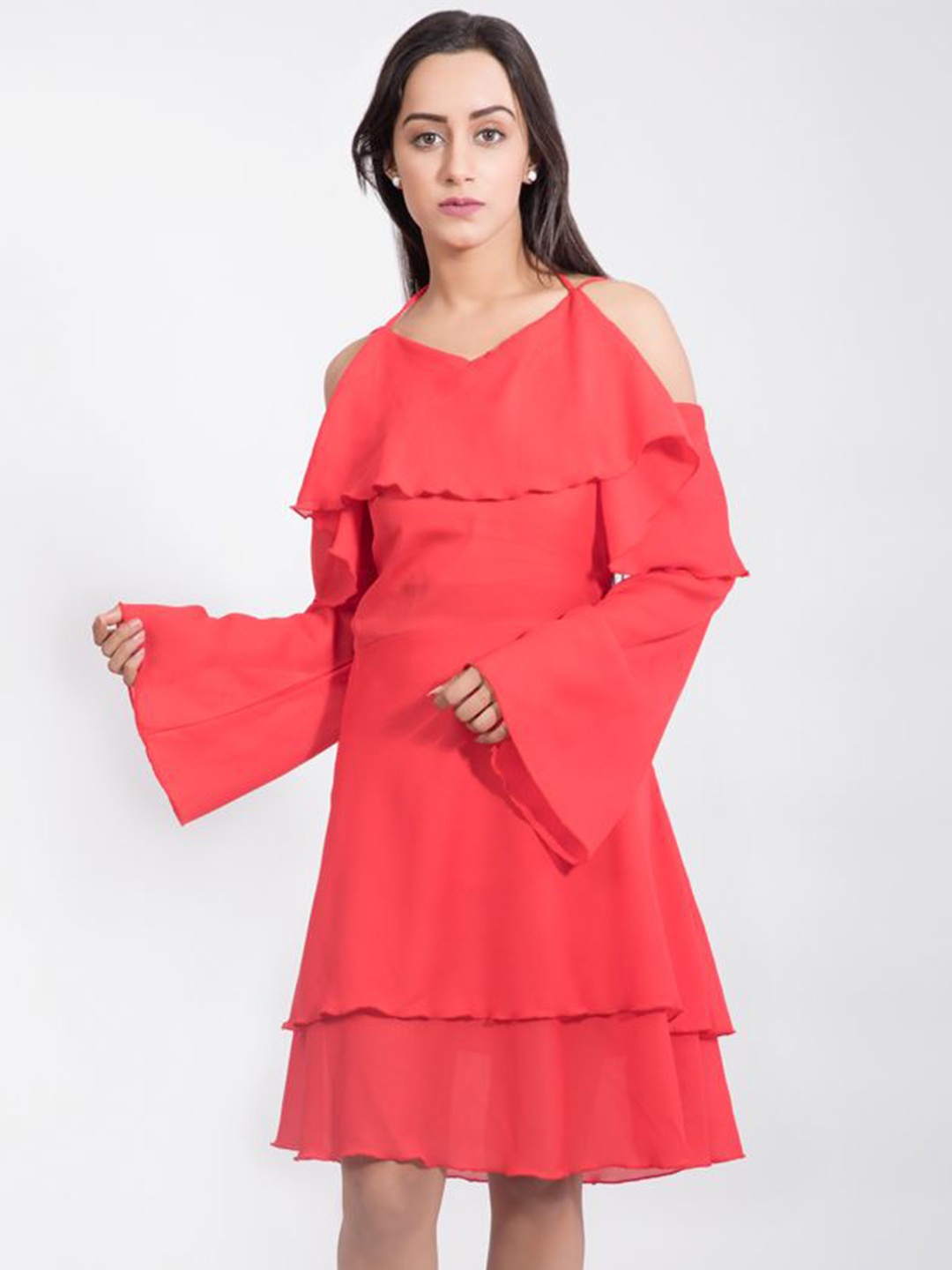 

DELIS Women Cold-Shoulder Fit & Flare Dress, Red