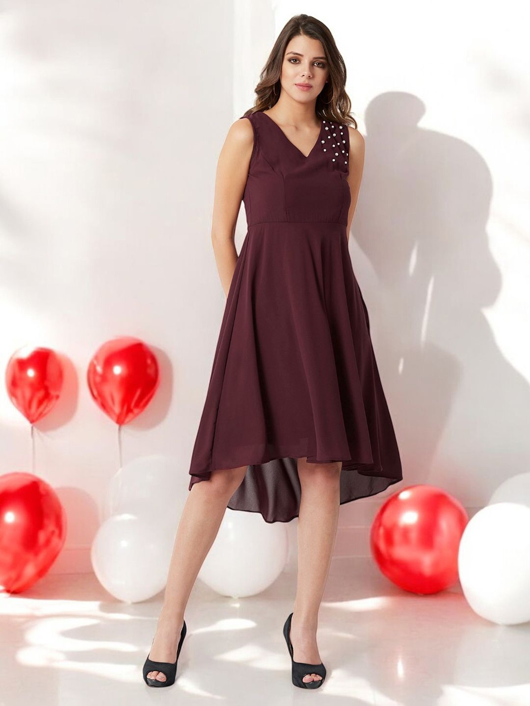 

Miss Chase Georgette Fit & Flare Dress, Maroon