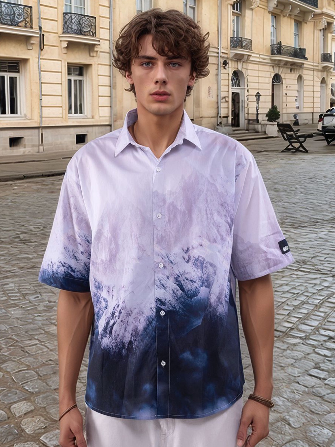 

HERE&NOW Men Spread Collar Dyed Cotton Casual Shirt, Lavender