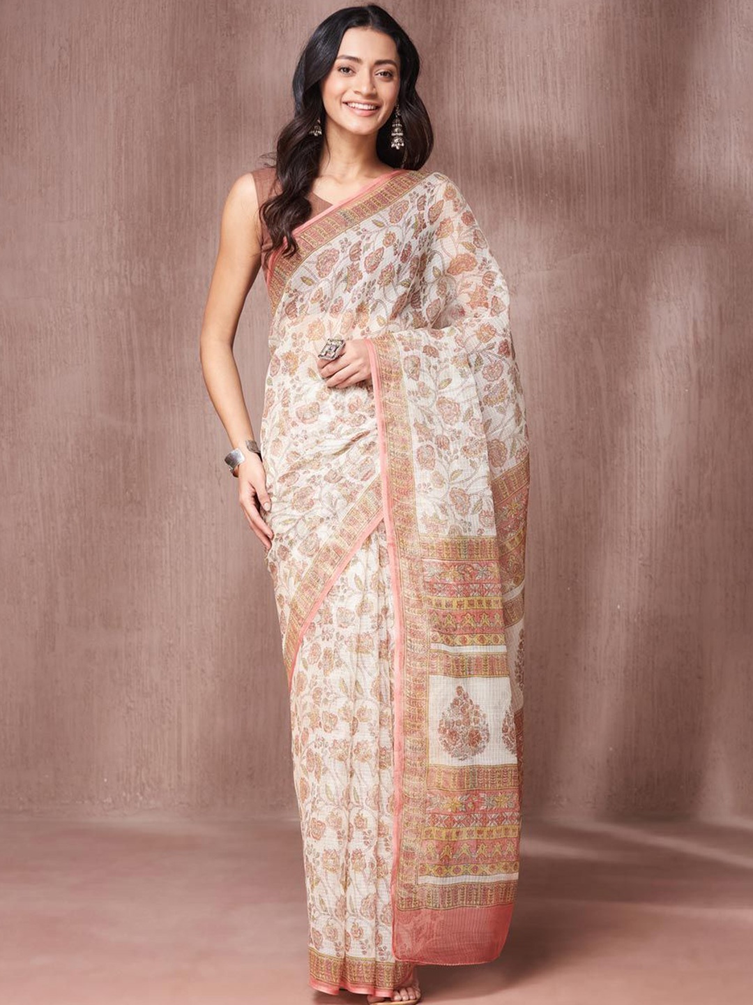 

Fabindia Ethnic Motifs Hand Block Printed Saree, White