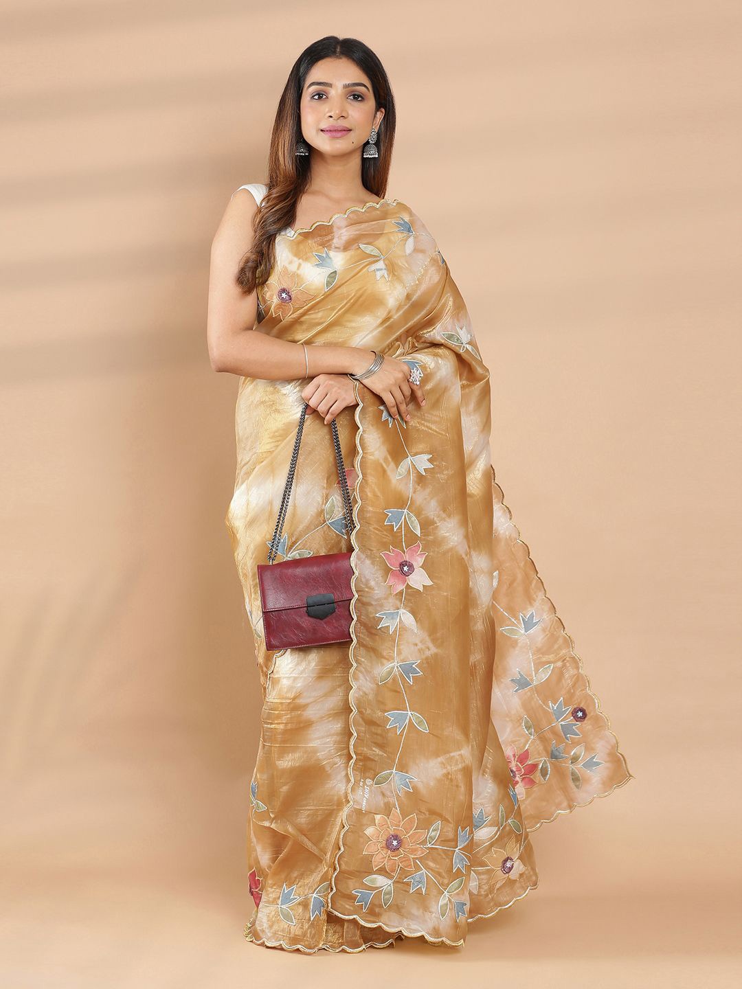 

Kalyan Silks Floral Embroidered Organza Saree, Brown