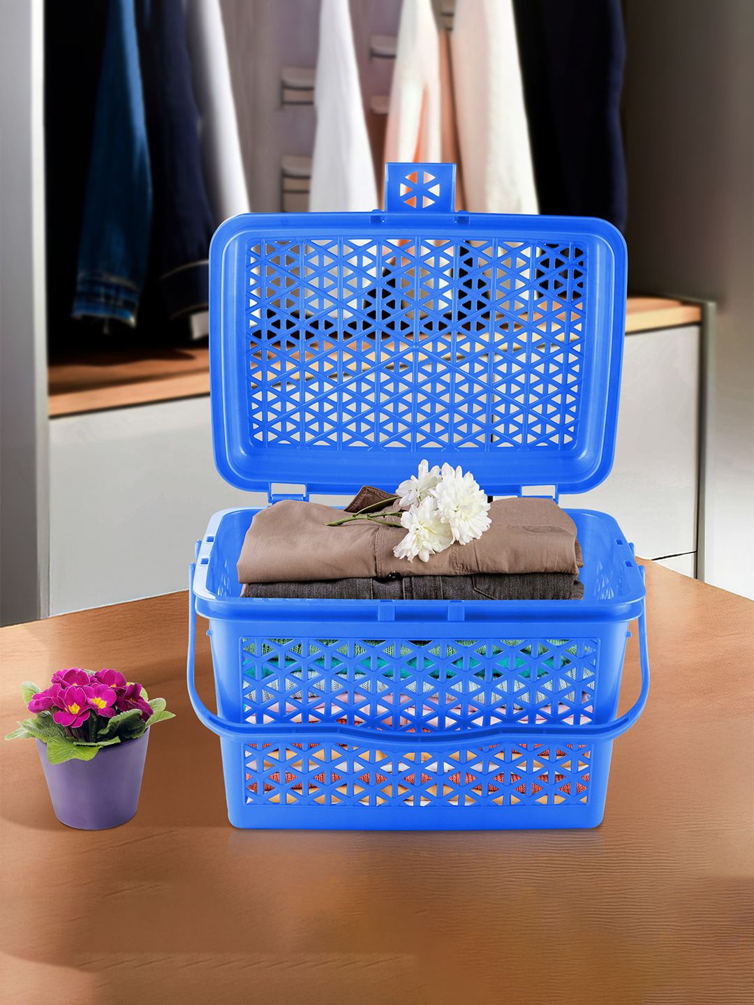 

Kuber Industries Blue Checked Multipurpose Tote Basket with Lid & Handle