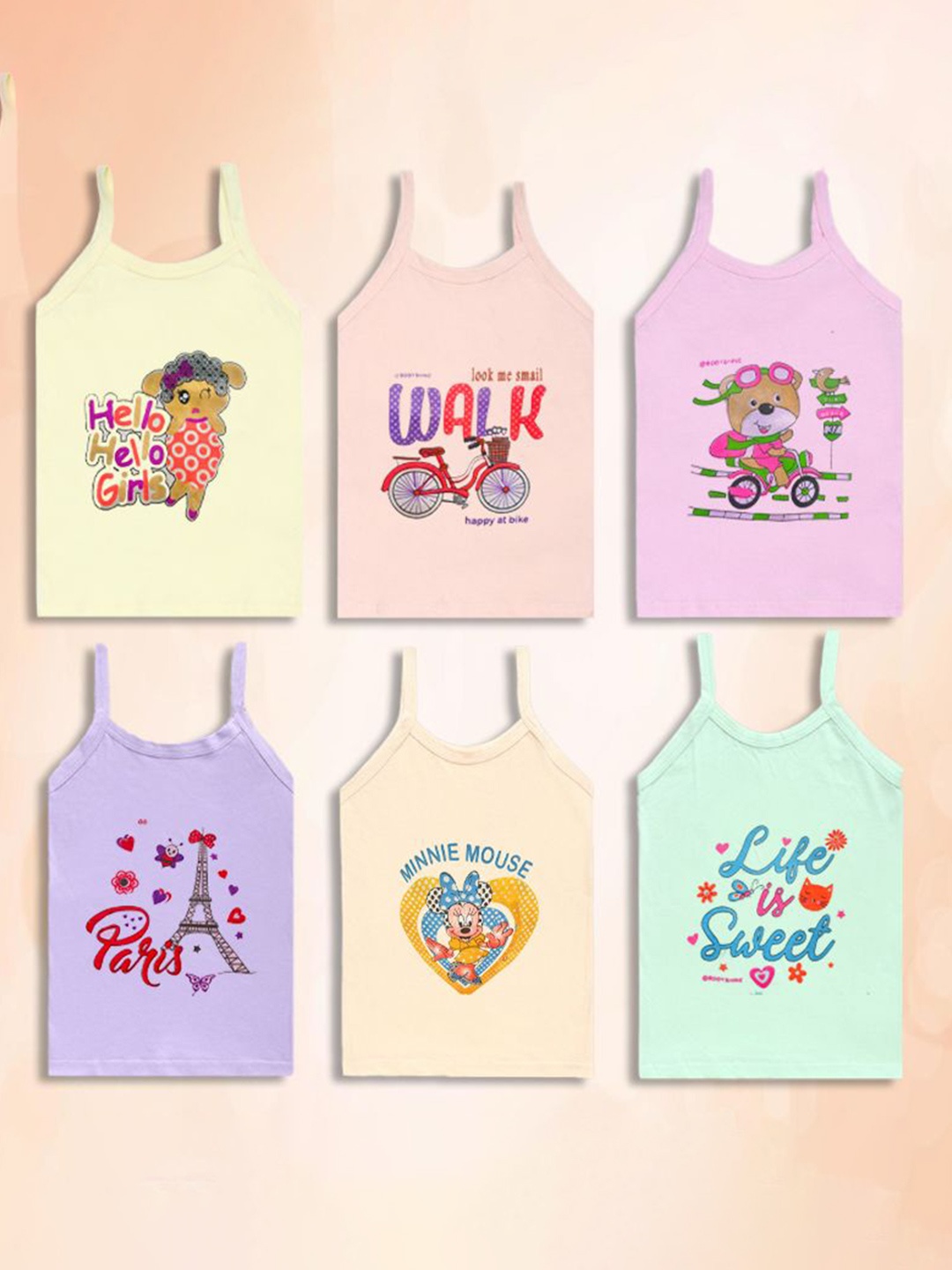 

Mega style Girls Pack Of 6 Printed Pure Cotton Tank Top, Yellow