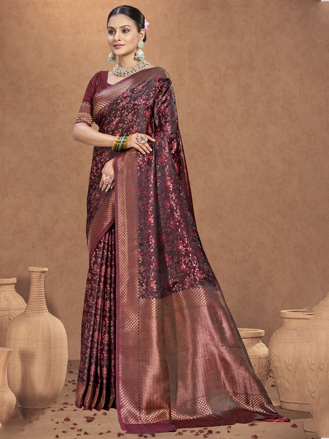 

SANGAM PRINTS Floral Woven Design Zari Tussar Saree, Maroon