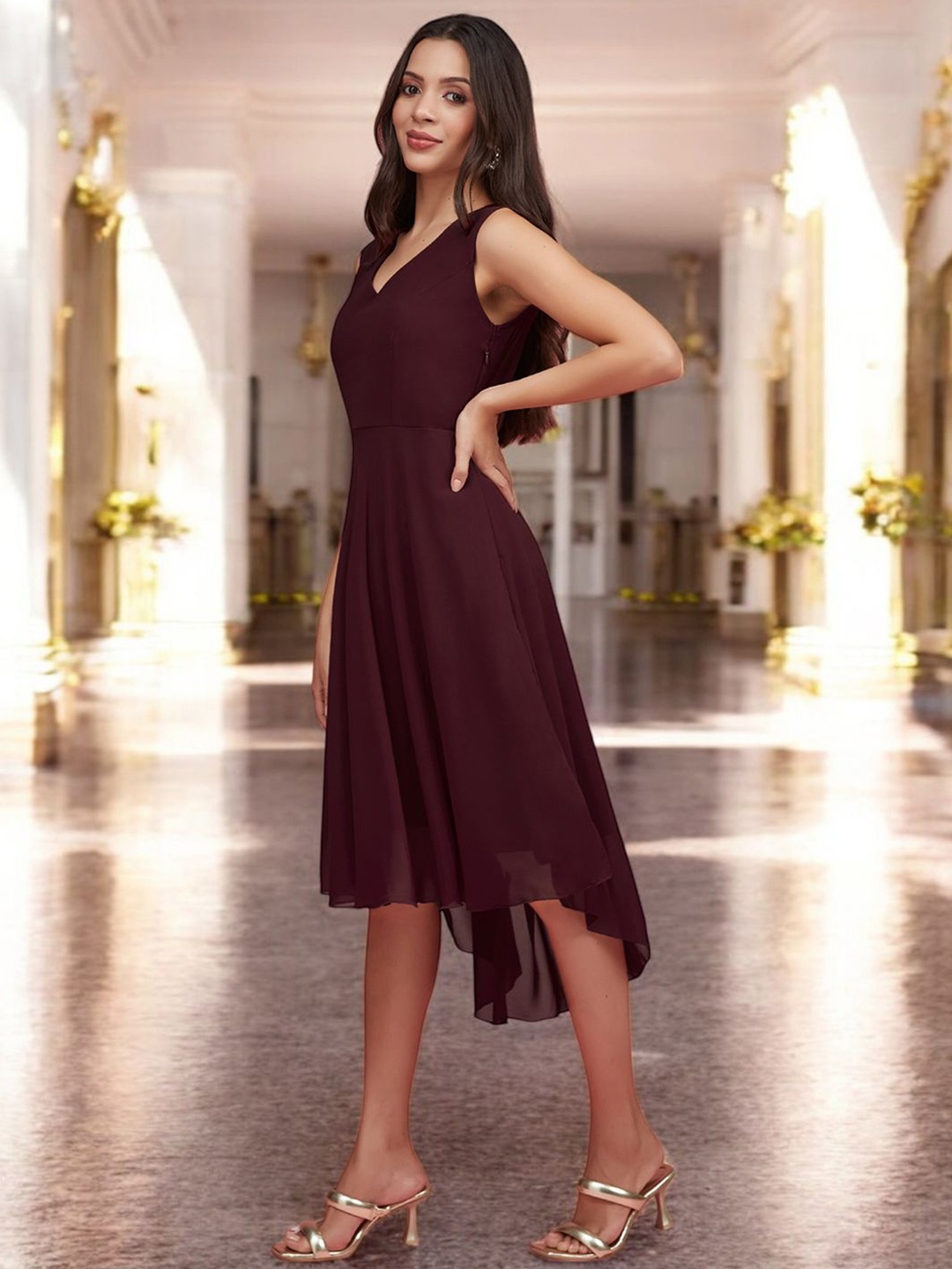 

Miss Chase Georgette Fit & Flare Dress, Burgundy