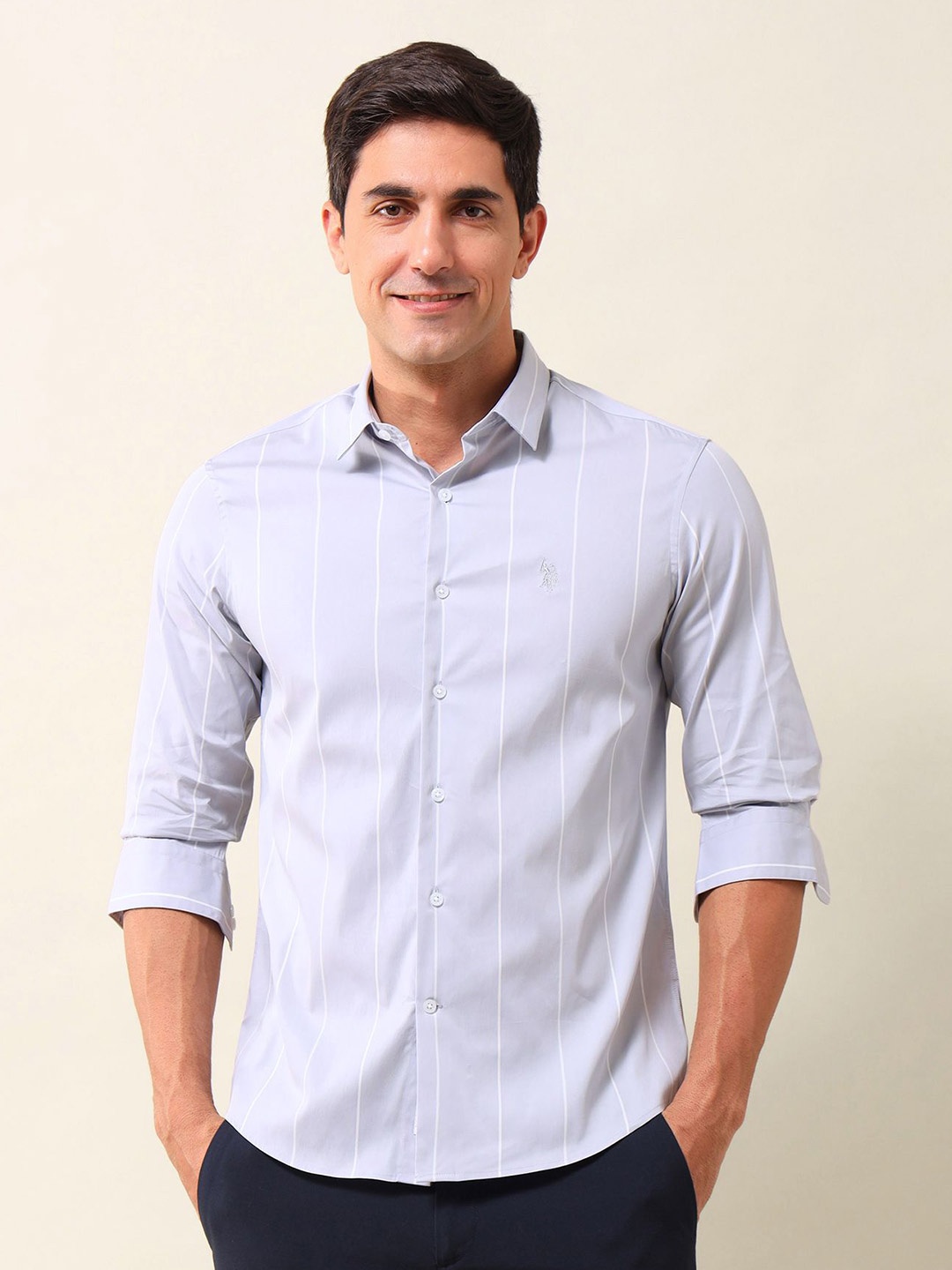 

U.S. Polo Assn. Men Tailored Fit Opaque Striped Casual Shirt, Grey