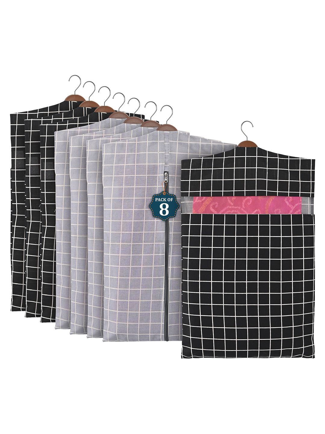 

Kuber Industries Grey 8 Pieces Regular Cotton Hanging Saree Cover Multi-Utility Organisers