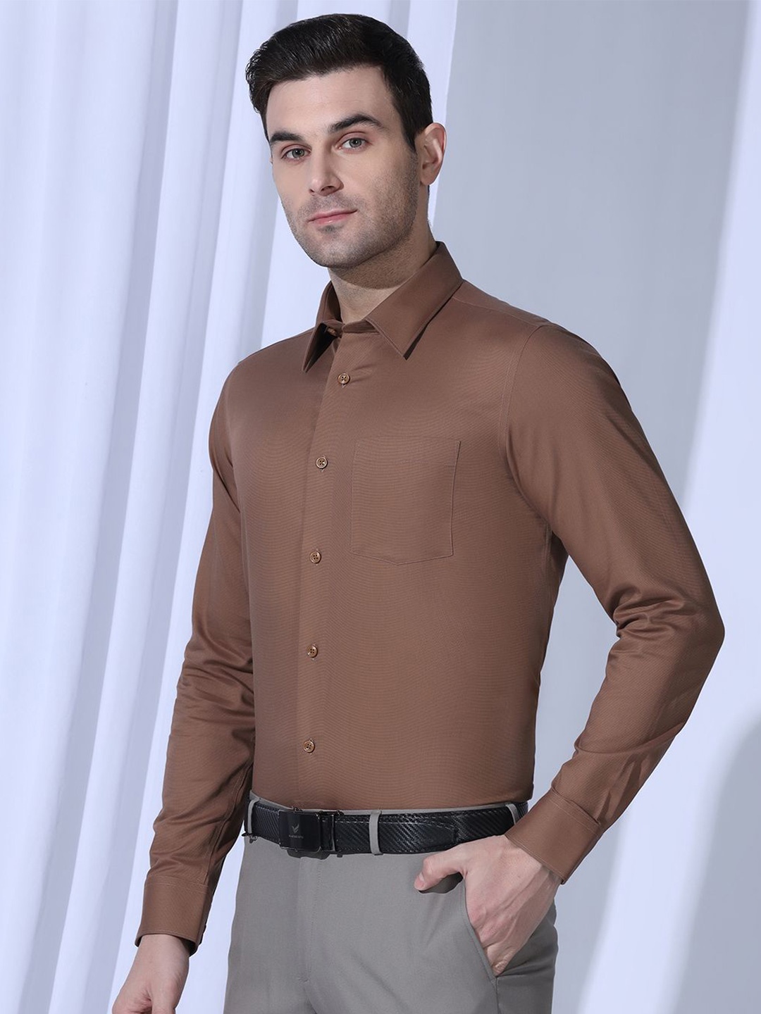 

Blackberrys Men India Slim Fit Spread Collar Textured Cotton Casual Shirt, Brown