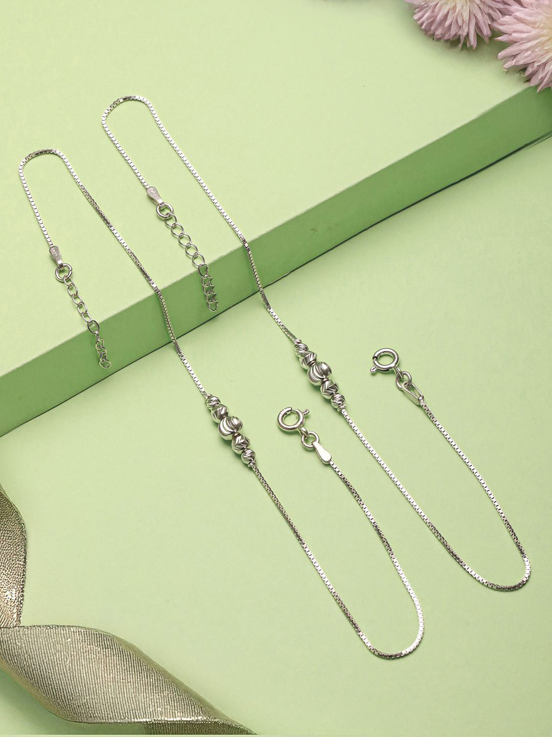 

SARAF SILVERETZ Set Of 2 925 Sterling Silver-Plated Beaded Anklets