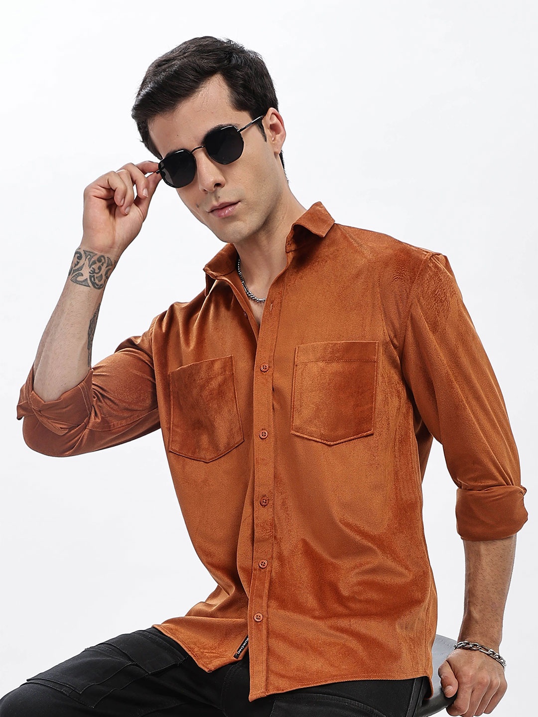 

BUMCHIQ Men Comfort Fit Spread Collar Solid Cotton Casual Shirt, Brown