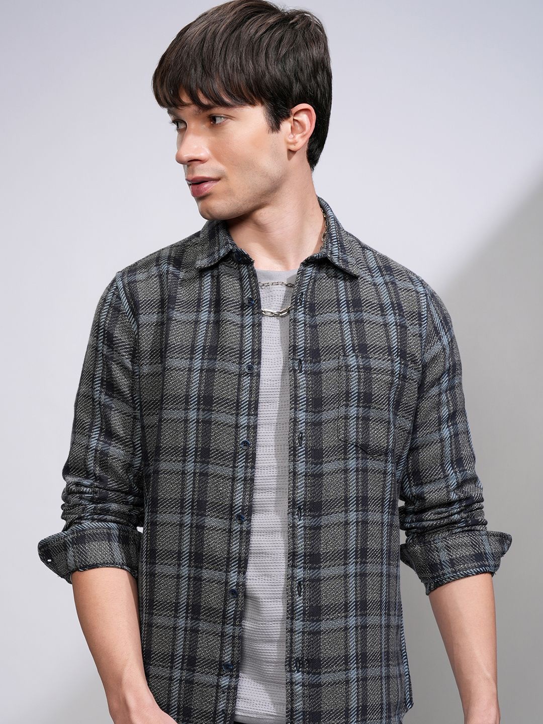 

HIGHLANDER Men Checke Slim Fit Casual shirt, Grey