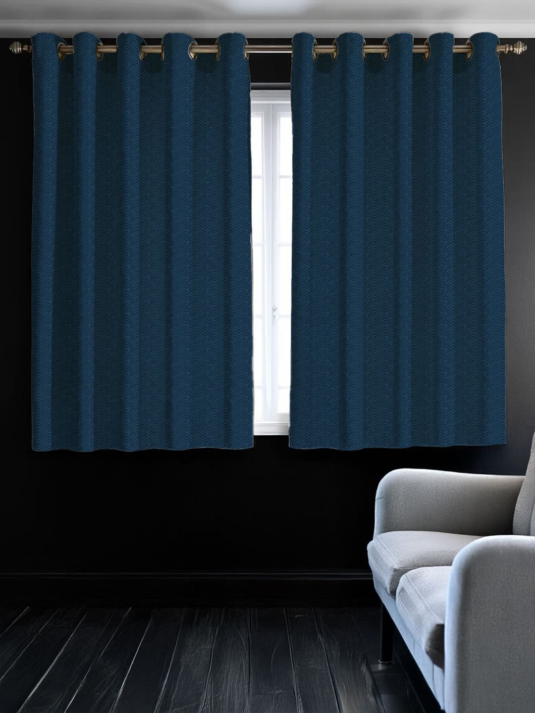 

URBAN SPACE Navy Blue Set of 2 Self Design Black Out Window Curtains