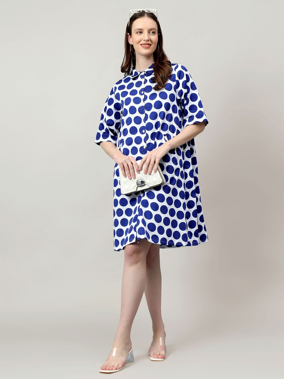 

Safeera Women Polka Dot Printed Cotton A-Line Knee Length Dress, Blue