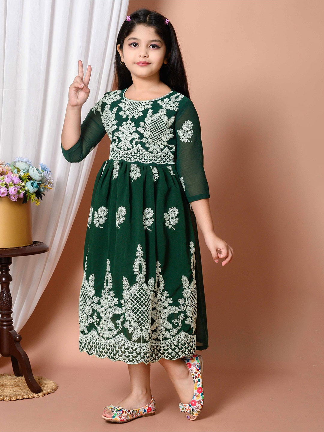 

BARKAT DESIGNING PLANET Girls Floral Embroidered Chiffon Midi Dress, Green