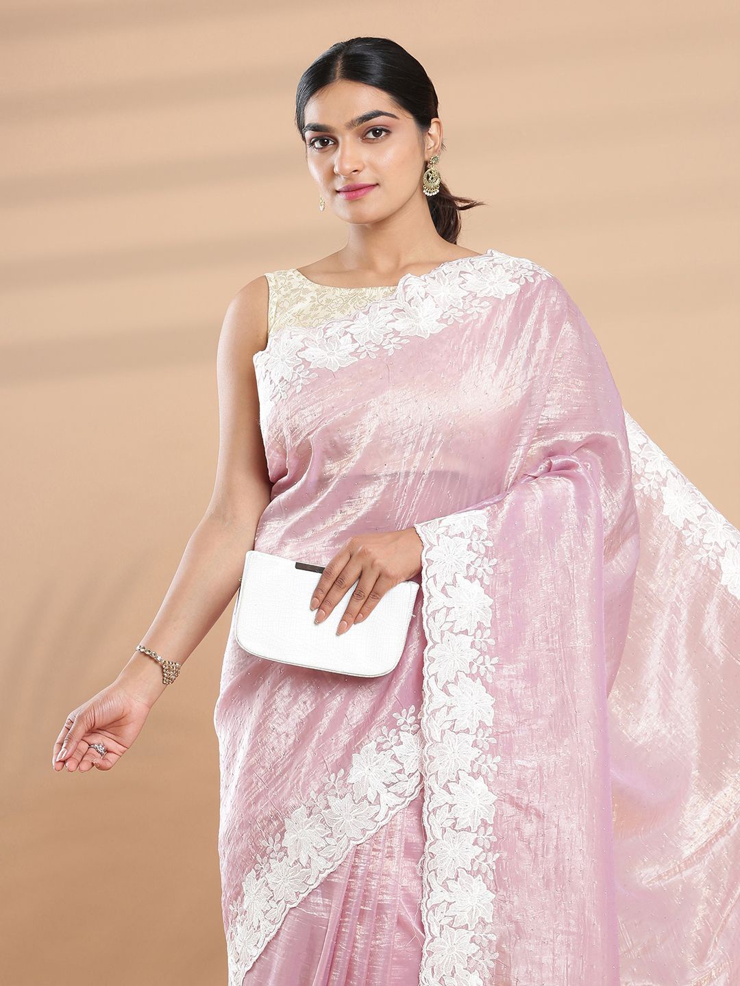 

Kalyan Silks Embellished Beads and Stones Organza Saree, Mauve