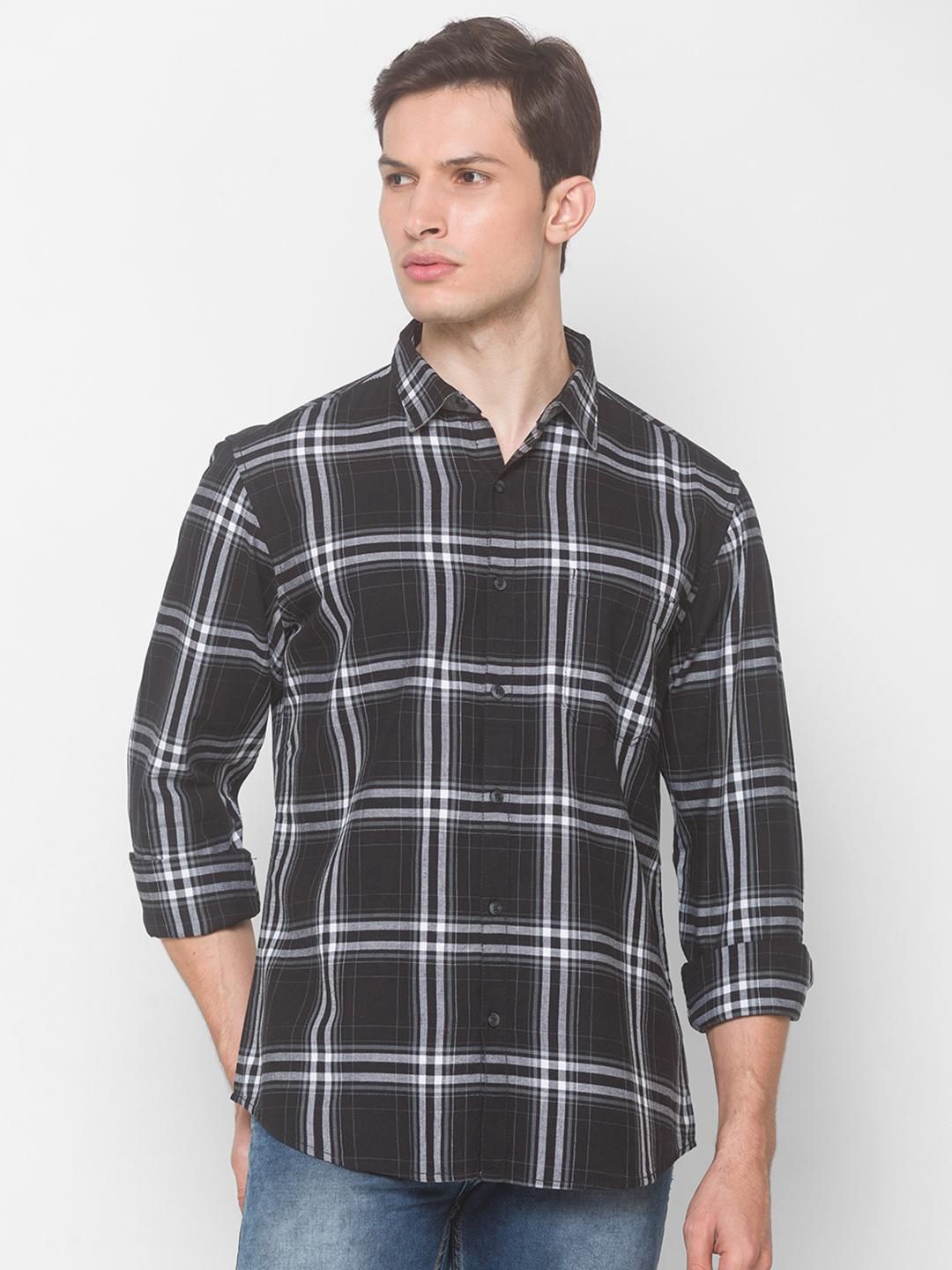 

SNX Men Tailored Fit Tartan Checks Opaque Checked Casual Shirt, Black