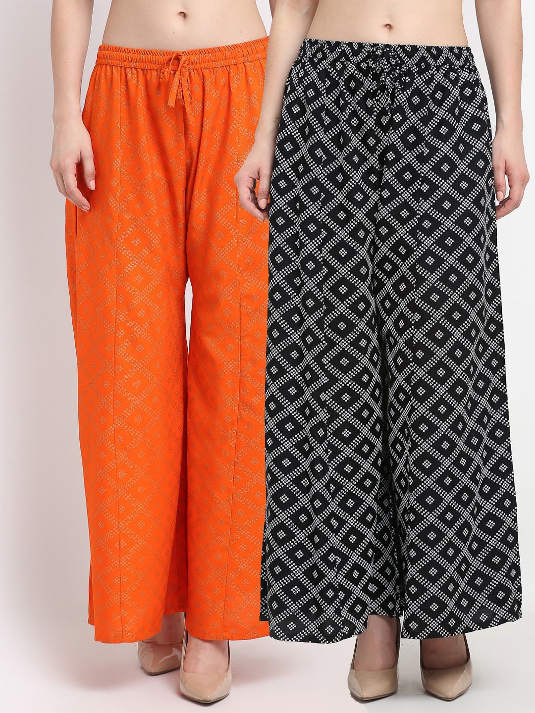 

GRACIT Women Pack Of 2 Printed Flared Knitted Palazzos, Black