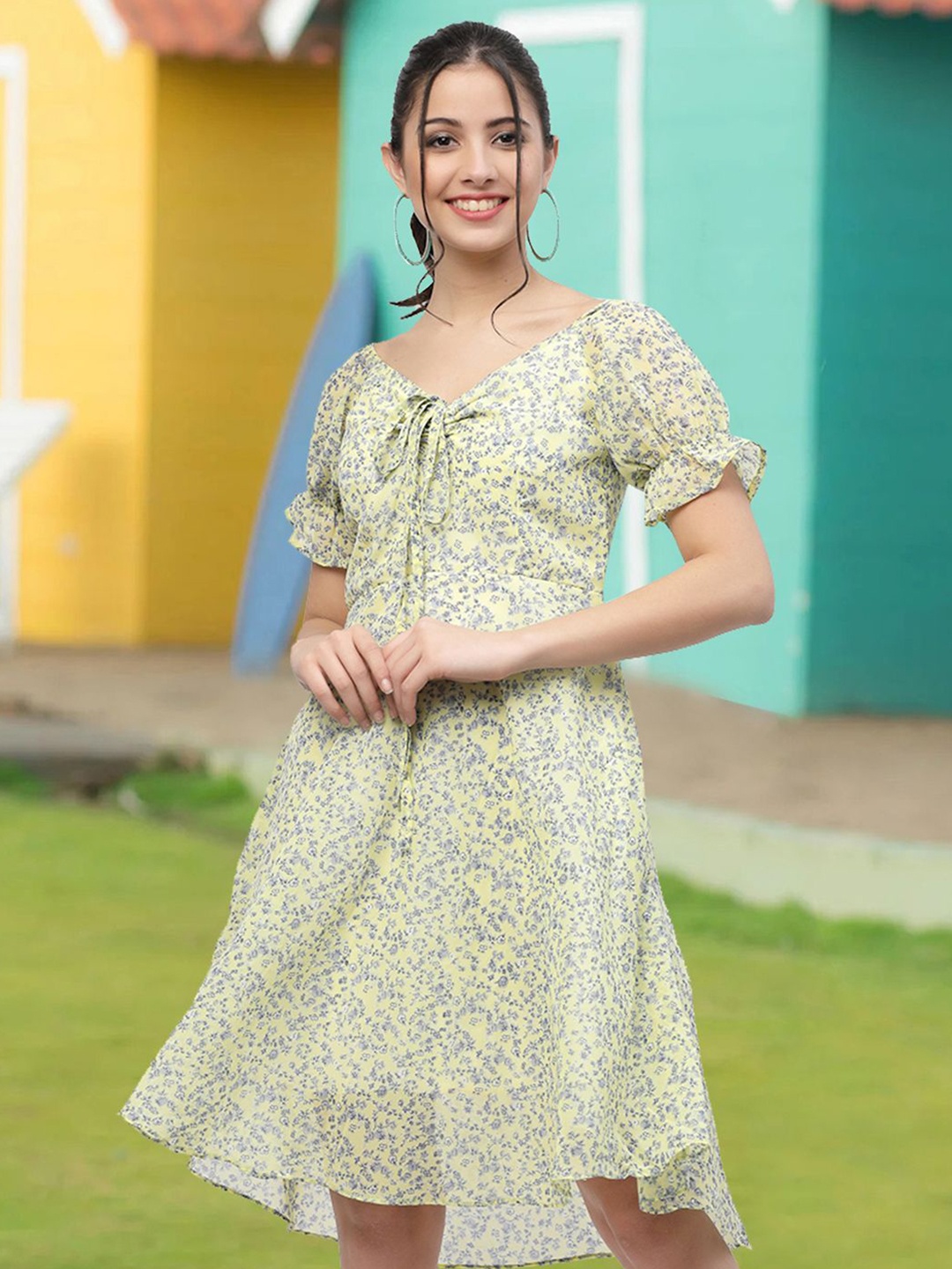 

MISS AYSE Floral Print Tie-Up Neck Applique Fit & Flare Dress, Yellow