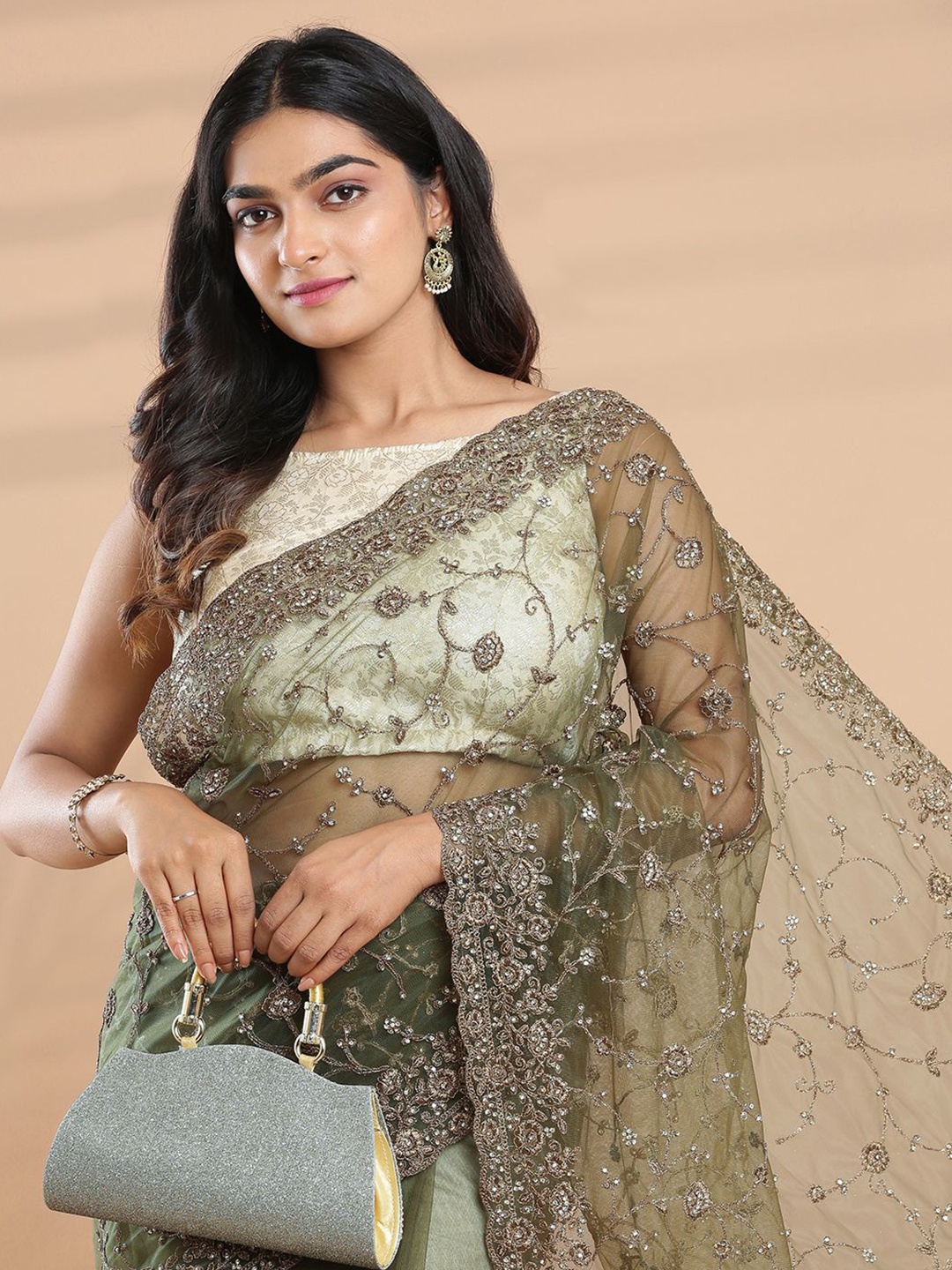 

Kalyan Silks Floral Embroidered Net Saree, Olive