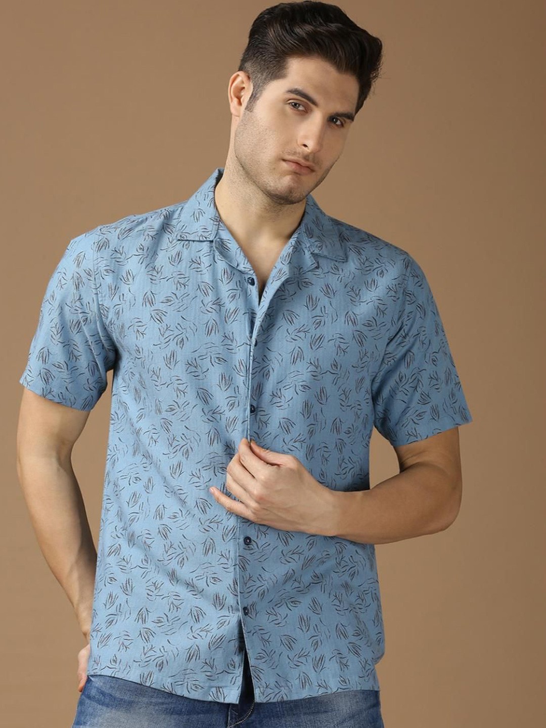 

SNX Men Cuban Collar Floral Printed Cotton Casual Shirt, Blue