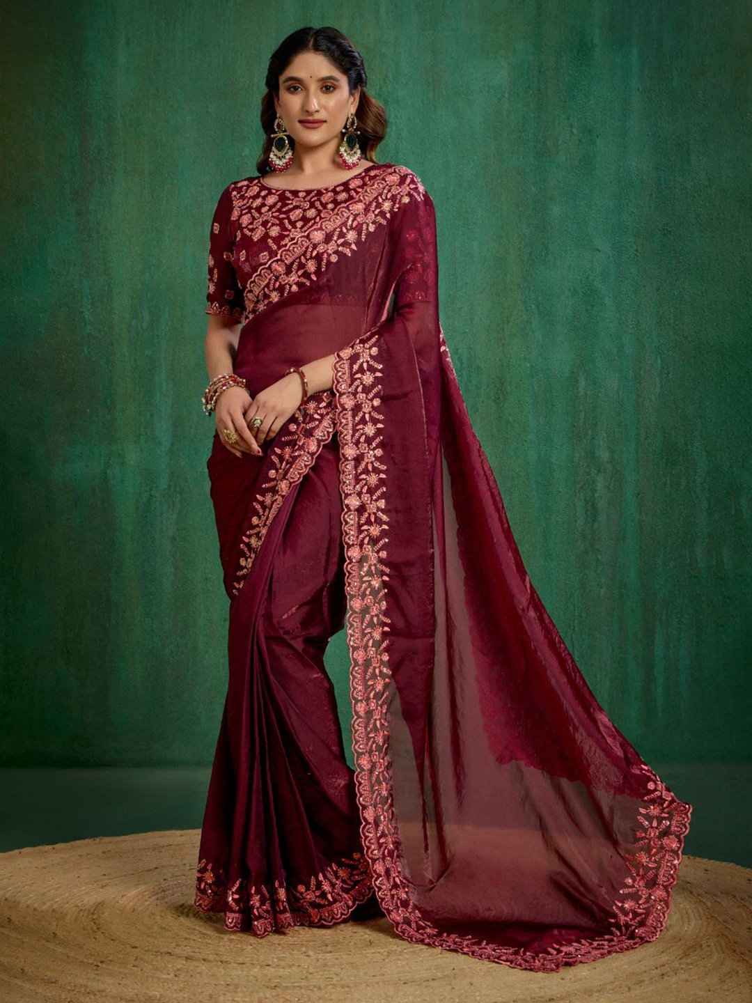 

Sangria Wine Silk Blend Embroidery Ready to Wear Saree, Maroon