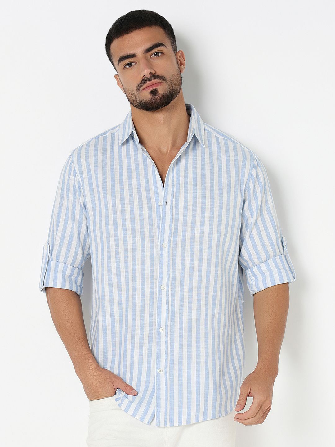 

R&B Men Spread Collar Vertical Striped Cotton Casual Shirt, White