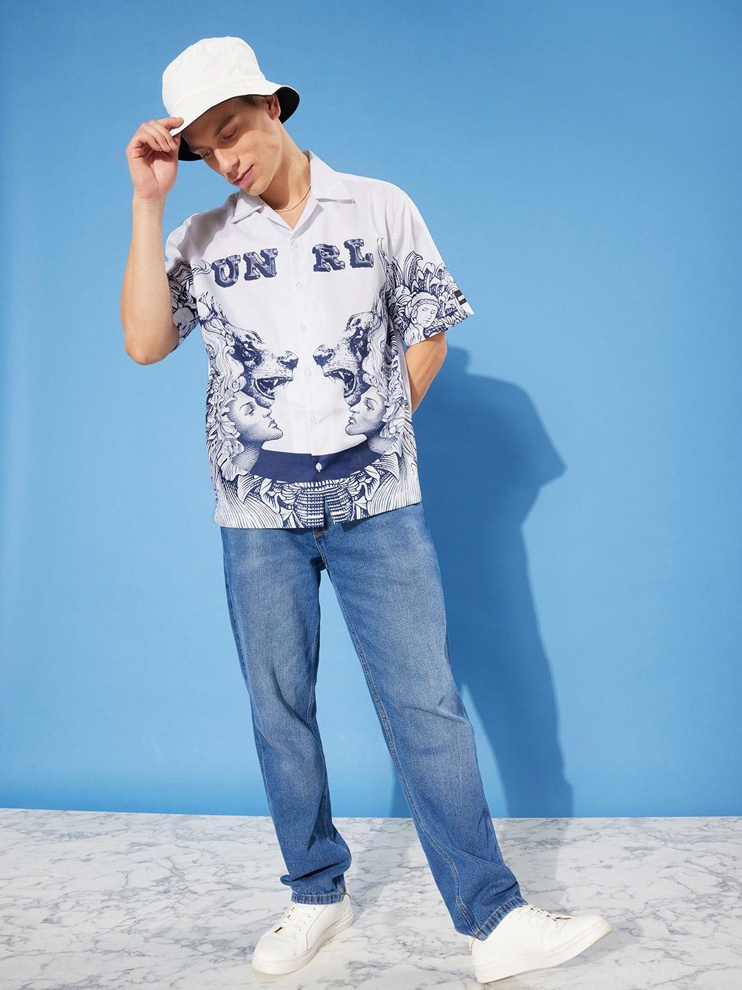 

HERE&NOW Men Relaxed Fit Cuban Collar Graphic Printed Cotton Casual Shirt, White