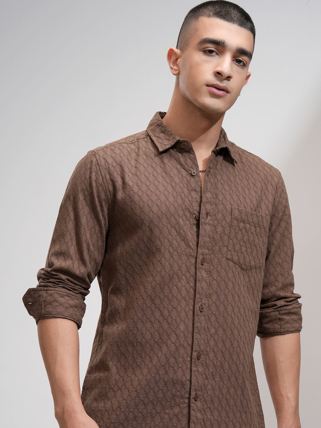 

HIGHLANDER Men Spread Collar Textured Cotton Casual Shirt, Brown
