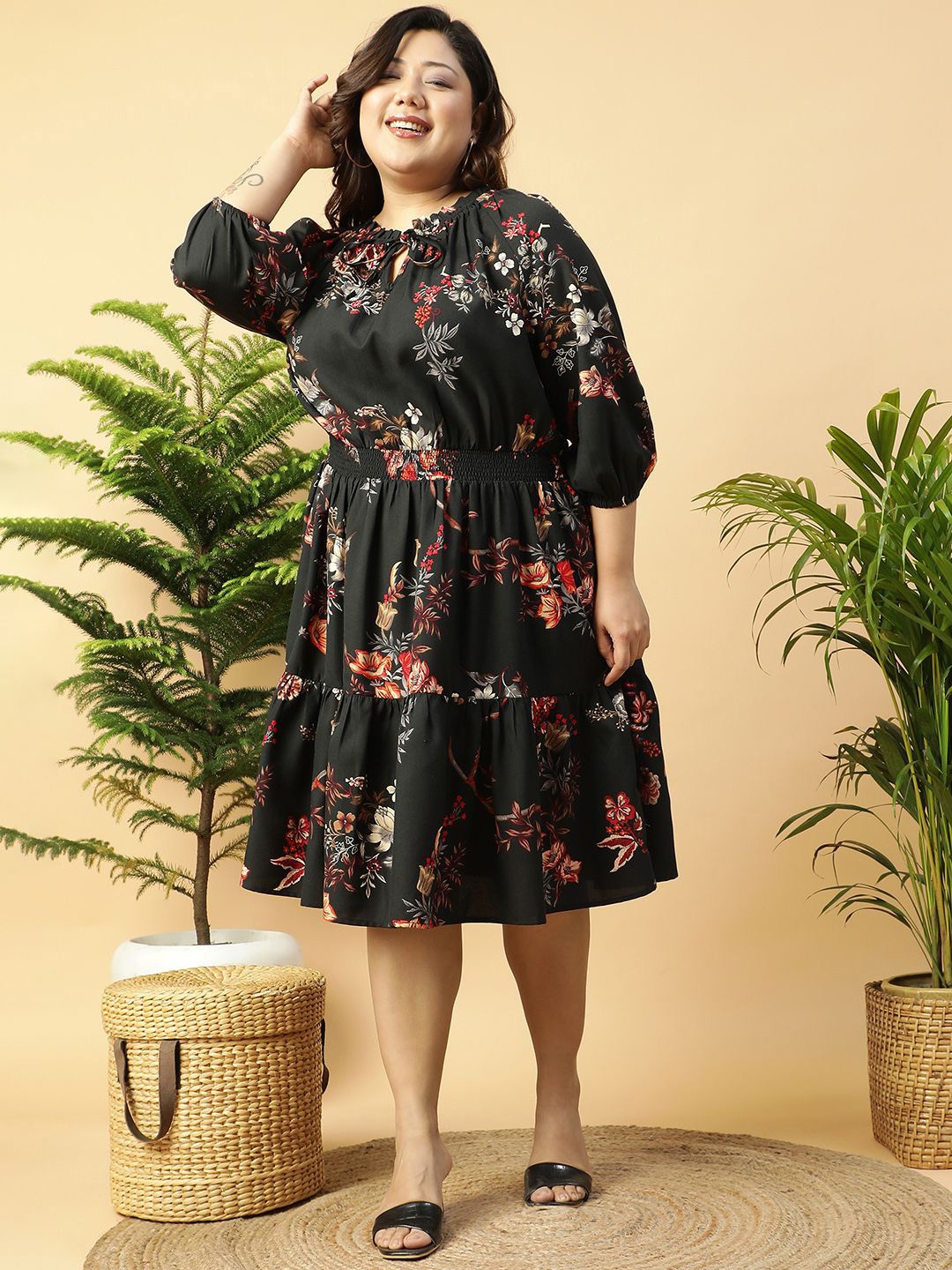 

Oxolloxo Women Plus Size Livery Tropical Printed Smocked Dress, Black