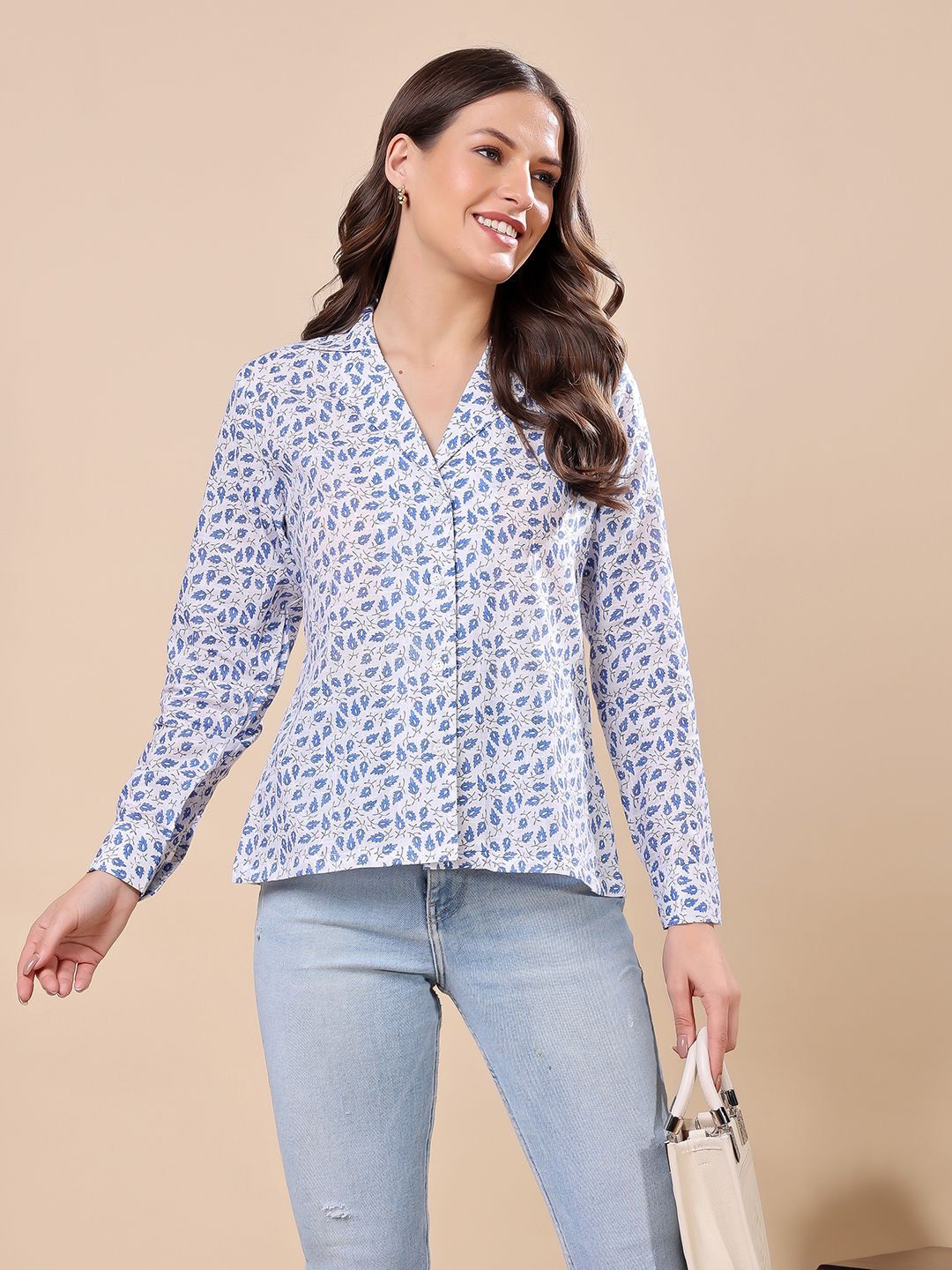 

Cation Women Classic Fit Cuban Collar Floral Printed Cotton Casual Shirt, White