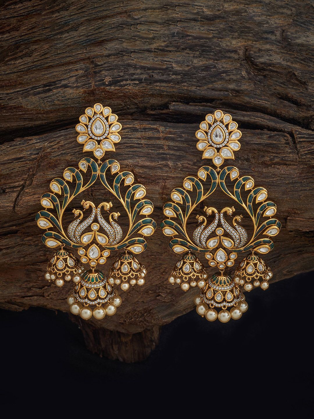 

Kushal's Fashion Jewellery Victorian-Plated Kundan Studded Peacock Shaped Drop Earrings, Gold