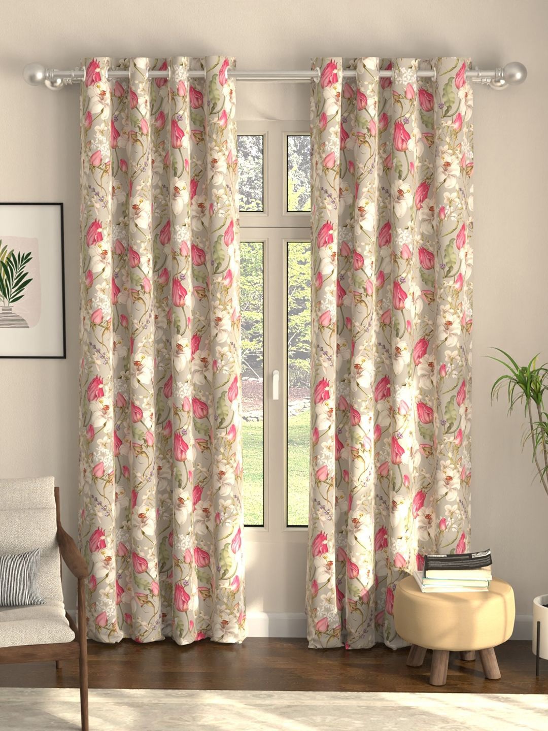 

URBAN SPACE Grey & Green 2 Pieces Floral Printed Black Out Door Curtains