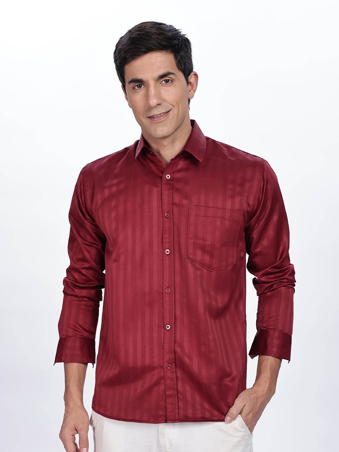 

BUMCHIQ Men Comfort Fit Spread Collar Vertical Striped Casual Shirt, Red