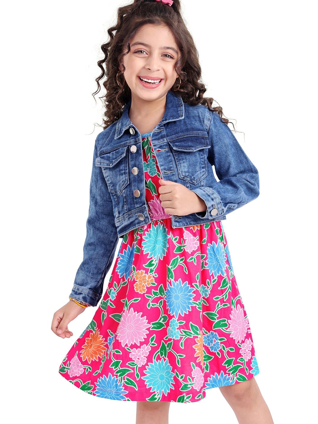 

Hola Bonita Girls Floral Printed Denim Fit & Flare Dress, Pink