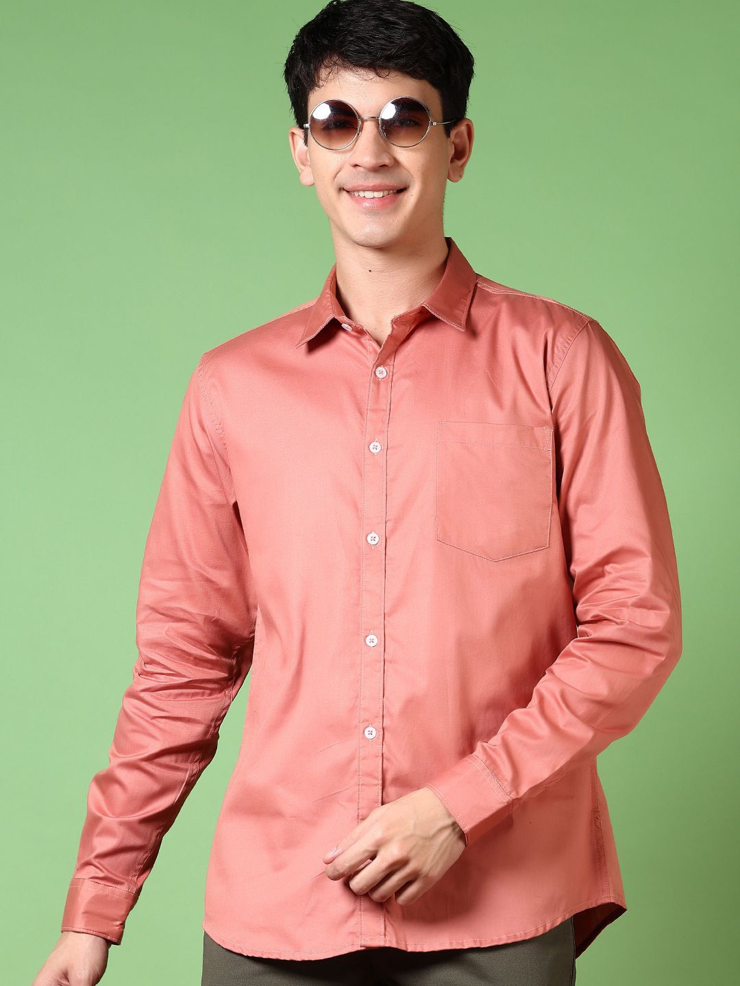 

V-Mart Men Spread Collar Solid Cotton Casual Shirt, Peach