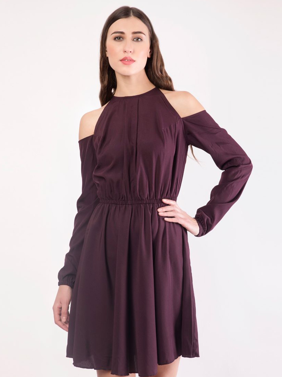 

DELIS Puff Sleeve Georgette Fit & Flare Dress, Brown