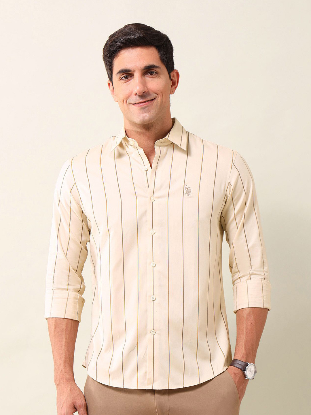 

U.S. Polo Assn. Men Tailored Fit Opaque Striped Casual Shirt, Beige